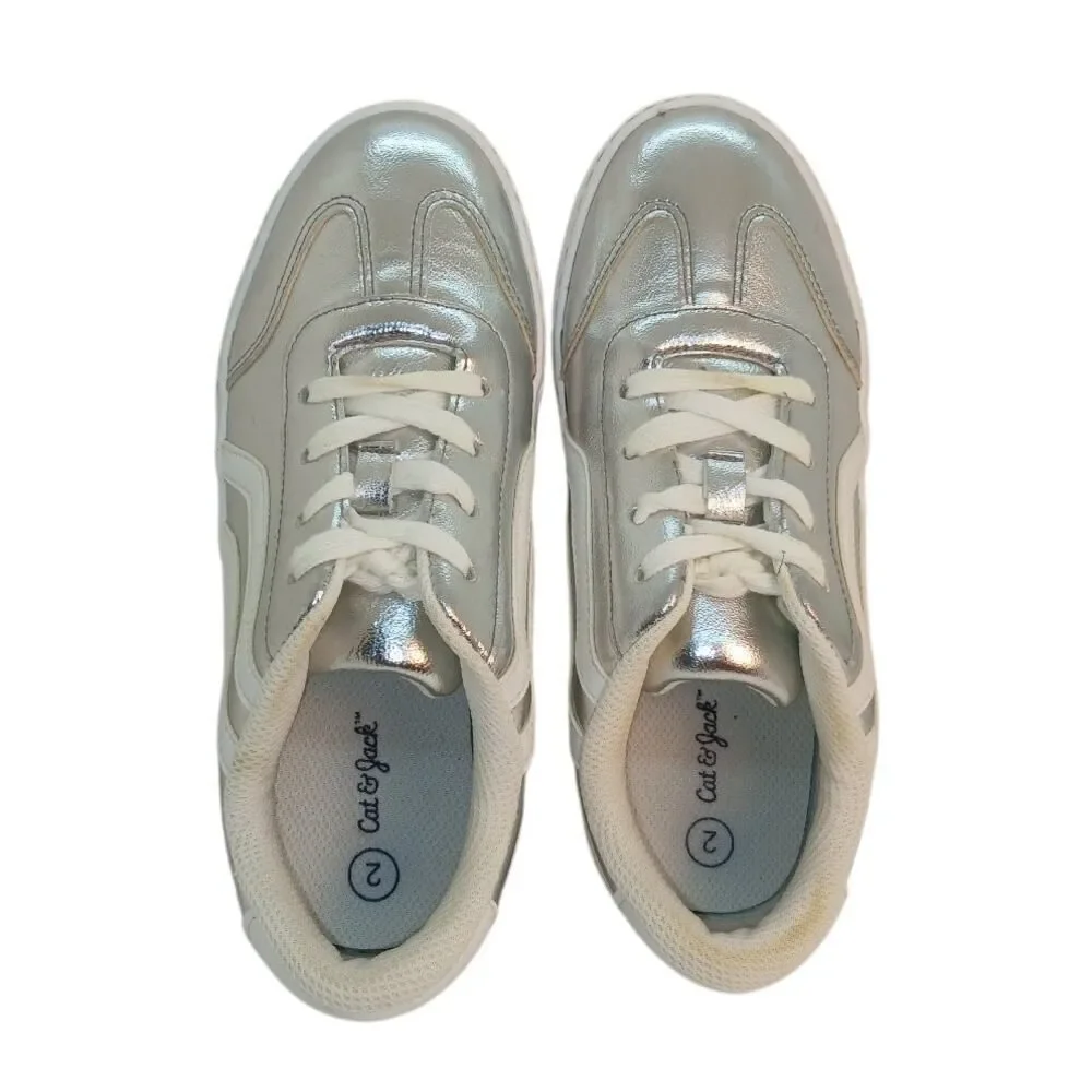CAT & JACK Girls Metallic Silver & White Casual Sneakers - Size: 2